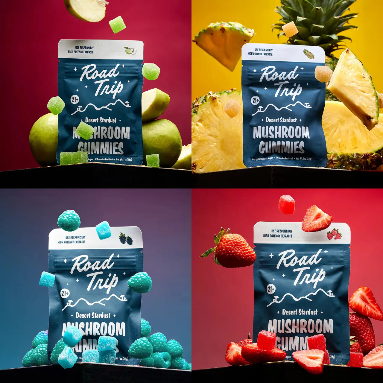 Home Road Trip Star Dust Mushroom Gummies Blue Razz Strawberry Pineapple Green Apple 76864